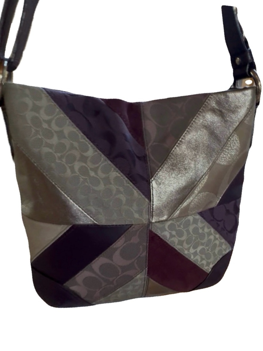 ๐ด Coach Vtg F17706 Gallery Signature Patchwork Purple Leather Suede Shoulder Bag - Picture 4 of 17
